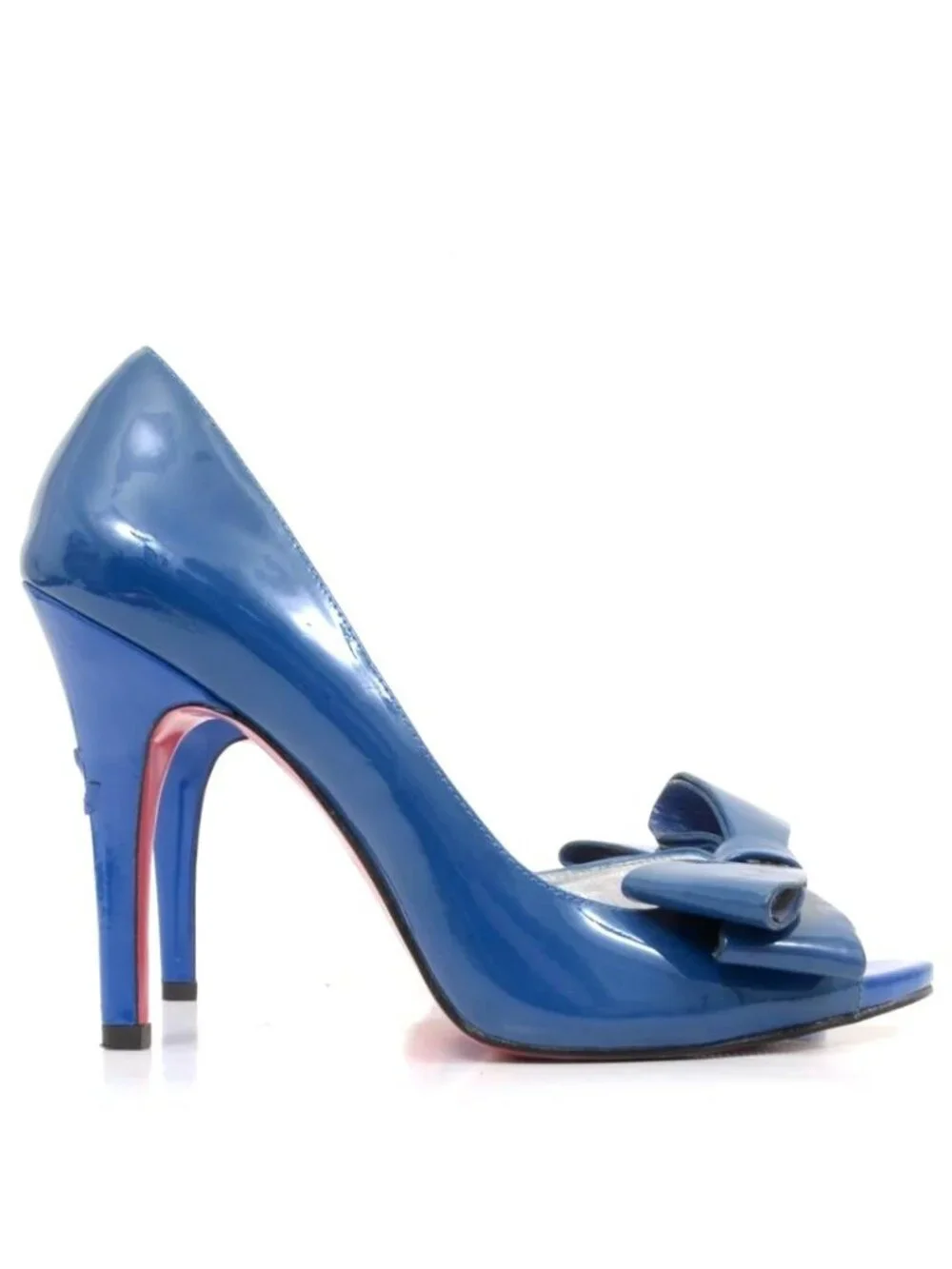 Paris Hilton Women’s 10M Blue Patent Leather Bow Open Toe Stiletto Heels PinUp